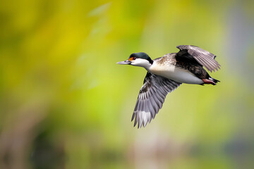 Fototapeta premium The Horned Grebe gracefully arcs through the air, its sleek form adorned with striking plumage, evoking a fleeting yet mesmerizing display of avian elegance