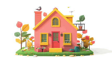Cute pink cozy Eco House with yellow windows red doo