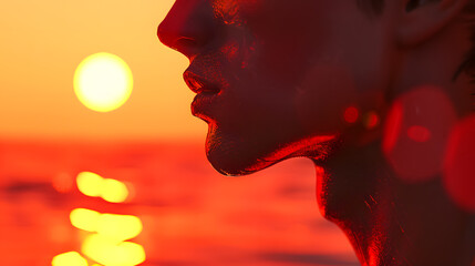 Closeup photo of a guy on sea and sunset background