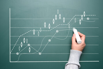 White chalk graph with growing indicators on a green chalk board, business profit growth - obrazy, fototapety, plakaty