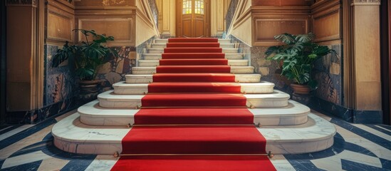 A red carpeted staircase ascends towards an ornate doorway of a historic hotel building. The rich...
