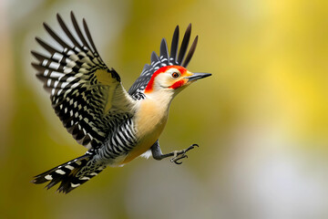 The woodpecker, with its distinctive red crest and rhythmic wingbeats, gracefully navigates through the skies, its flight a testament to both agility and precision as it seeks out the hollows of trees - obrazy, fototapety, plakaty