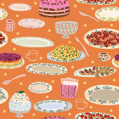 Seamless orange pattern with plates and snacks food. Kitchen illustration on the theme of cooking, recipes, restaurant, cafe, food delivery.