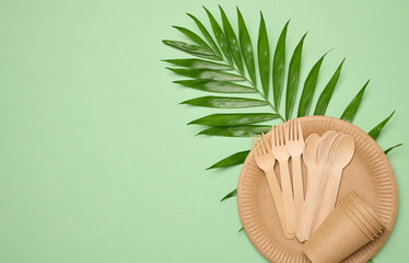 Paper plates and cups, wooden spoons and forks on a green background