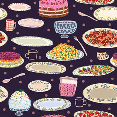 Seamless blue pattern with plates and snacks food. Kitchen illustration on the theme of cooking, recipes, restaurant, cafe, food delivery.