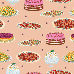 Seamless pattern with plates and snacks food. Kitchen illustration on the theme of cooking, recipes, restaurant, cafe, food delivery.