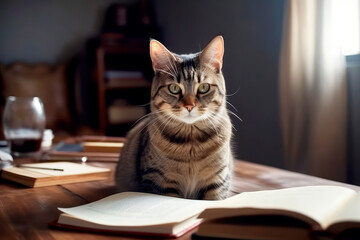 Funny  intelligent cat with glasses at a table with books, Online courses, distance education concept.