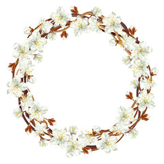 Cherry blossom wreath. Frame for invitation, greeting card, banner. Stock vector illustration on a white background.