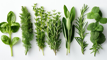 Assortment of fresh herbs on a white background - 746803377