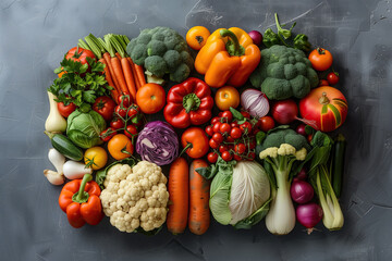 Assortment of a variety of vegetables on a dark background - 746803381
