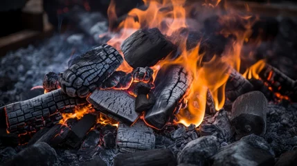 Deurstickers Burning firewood in a campfire, close-up. © Voilla