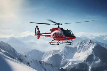 Poster a red helicopter flying over snowy mountains © Sveatoslav