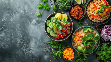 Assortment of healthy food dishes on a dark background, copyspace - 746803582