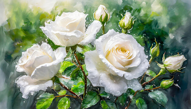 Abstract illustration of white roses in nature. Beautiful flowers. Smooth wet oil painting.