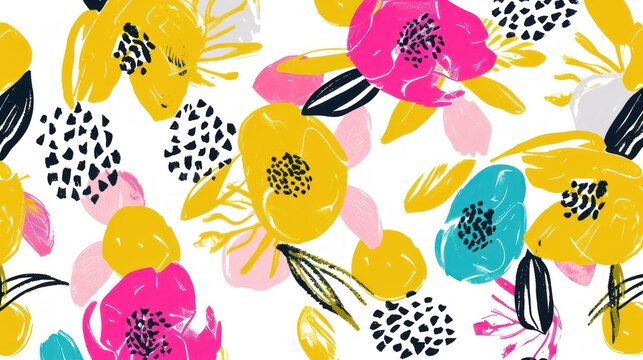 a white background with yellow, pink, and blue flowers and a black and white polka dot design on it.
