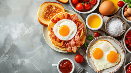 Breakfast with bacon, eggs, toast and other ingredients - 746803722