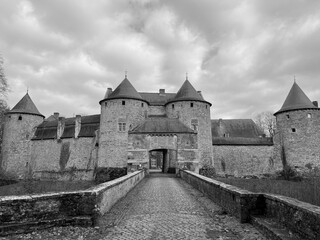 The Castle of Corroy-le-Chateau (French: Château de Corroy-le-Château) is a medieval castle in the village of Corroy-le-Château, in the province of Namur, Wallonia, Belgium. Black and white photo