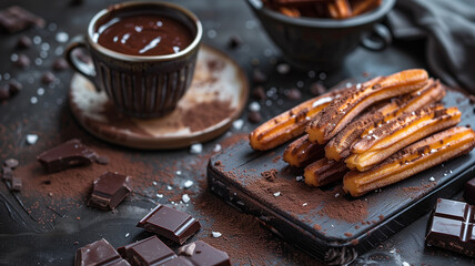 Churros covered in chocolate powder and a cup of hot chocolate - 746803745