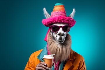 a llama wearing a hat and sunglasses holding a cup of coffee - obrazy, fototapety, plakaty