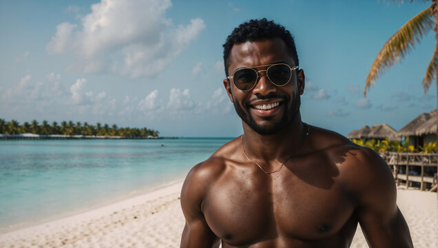 Bellissimo ragazzo di colore sorride sulla spiaggia di un isola tropicale in una giornata di sole durante una vacanza