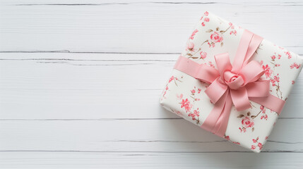 top view of Floral pattern gift box tied with pink ribbon on wooden background