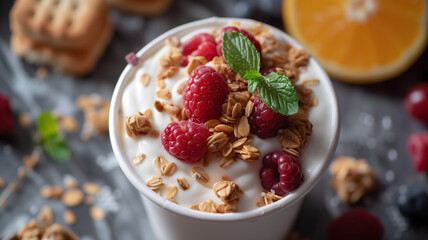 Closeup on a cup of yogurt with granola and raspberry - 746804127