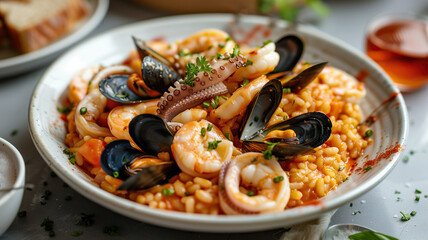 Closeup on a delicious plate of risotto with seafood, mussels, octopuses and squid - 746804162