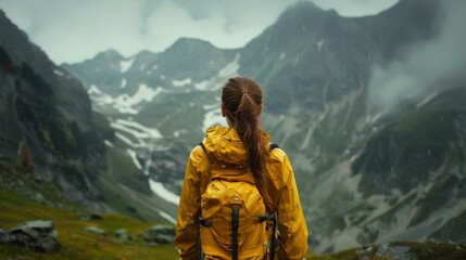 White young woman solo traveling with backpack hiking in the mountains, trekking in the mountains. active healthy lifestyle adventure journey vacations. Generative ai