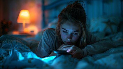 Very sad teenage girl looking at her smartphone. Teenager checking her smartphone at night. Teen scrolling through social media on her phone screen. Internet addiction in kids. Generative ai