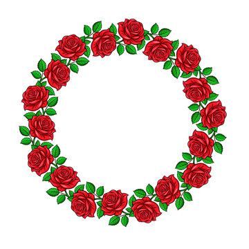 round frame cartoon rose flower with green leaves on white