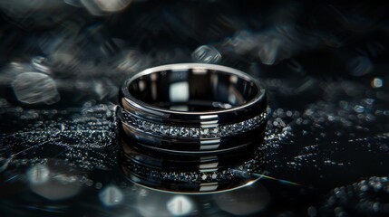 Platinum jewelry. Product shoot, macro shot, platinum wedding ring with diamond on shiny black surface. Dark background.