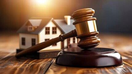 A gavel next to a model house symbolizing legal issues related to property and construction. Housing-related hammer and real estate auction. - obrazy, fototapety, plakaty