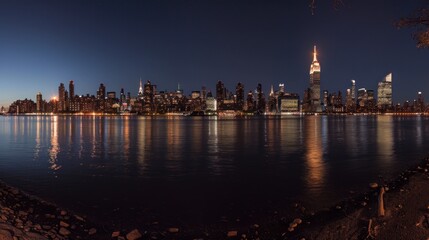Obraz premium Beautiful view of a city in the United States at night or sunset seen from a majestic lake landscape. night city concept in high definition and high quality, buildings, shadows