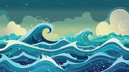 Ocean Sea storm surface. Vector illustration, cartoon seascape or waterscape
