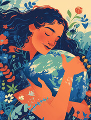 Flat illustration of a woman hugging the Earth. Environmental care and holiday concept. Banner with copy space for Earth Day event.