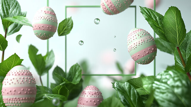 easter background with pastel pink color easter eggs blooming on tree branches with space for text