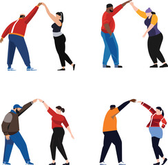 Four diverse pairs practice partner yoga. Fitness couples stretching balance exercise. Wellness healthy routine vector illustration