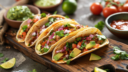 Delicious tacos on a wooden board - 746805101