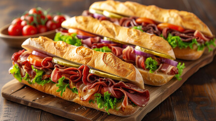 Delicious stuffed sandwiches on a wooden board - 746805107