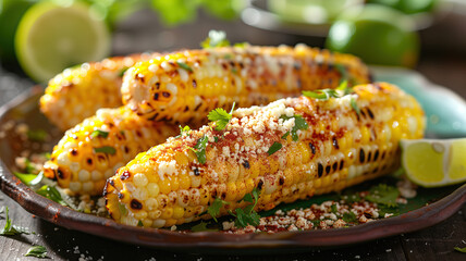 Elotes, grilled mexican street corn on a plate - 746805158