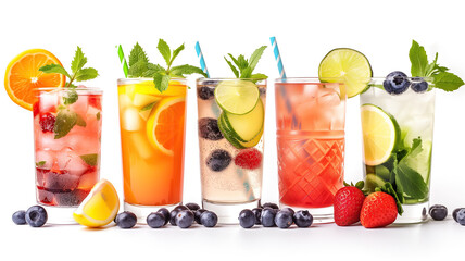 Five cocktails isolated on a white background