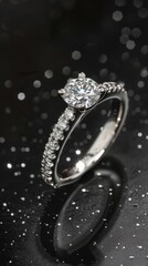 Platinum jewelry. Product shoot, macro shot, platinum wedding ring with diamond on shiny black surface. Dark background.