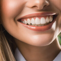 Dental health concept: woman smiling close up. Isolated on white.