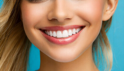 Obraz premium Dental health concept: woman smiling close up. Isolated on white.