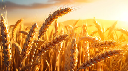 Wheat field in the sun close-up during harvest season