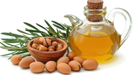 a bottle of almond oil next to a bowl of almonds and a sprig of rosemary on a white background.