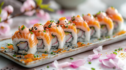 Japanese uramaki sushi rolls with salmon - 746805540