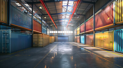 Fototapeta premium Industrial Warehouse with Stacked Shipping Containers. Concept of industry, logistics, and storage