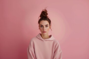 Young girl with brown hair bun wearing blank pink hoodie on pink background. Mock up template for hoodie design print area for logo or design, mockup of pink hoodie