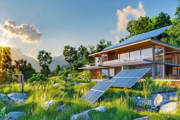 Modern house with solar panels on the roof and beautiful nature view.
